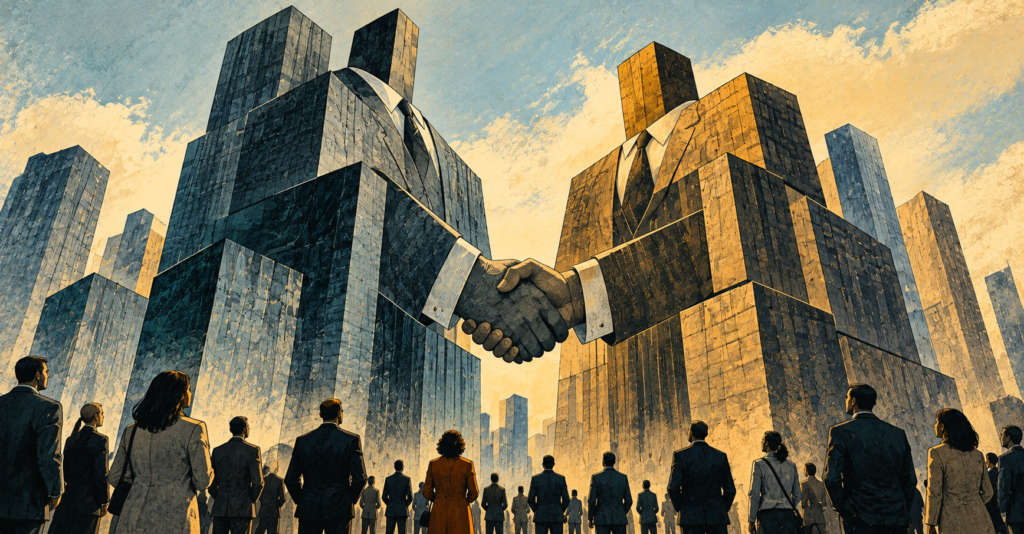 Personified skyscrapers shaking hands
