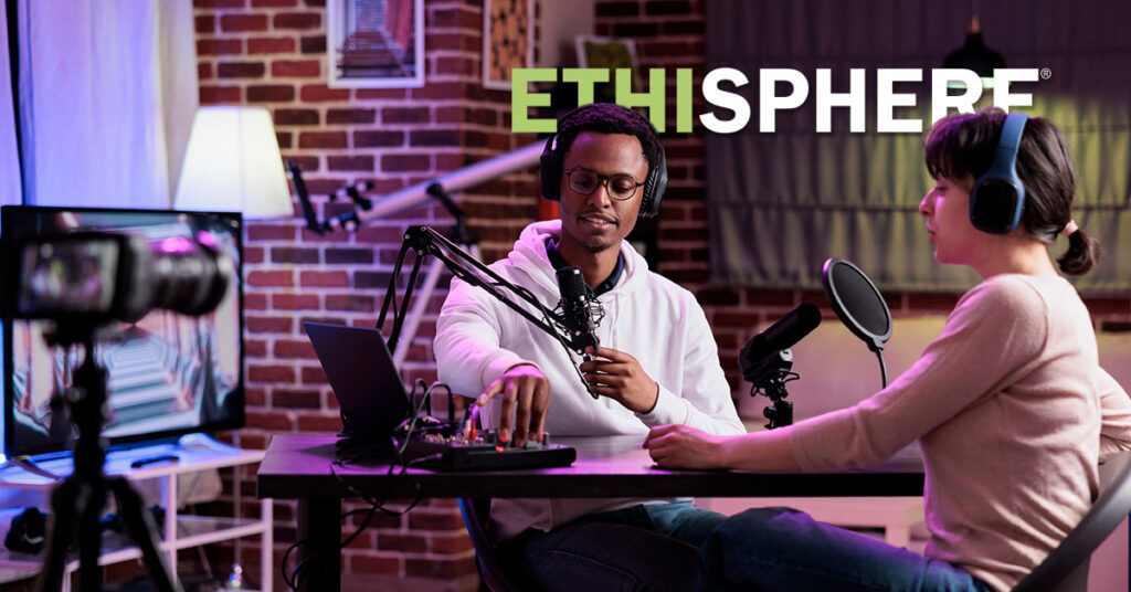 Man and woman recording podcast talk show on camera, vlogging discussion for social media content. Lifestyle blogger and female guest filming live broadcast stream on channel.